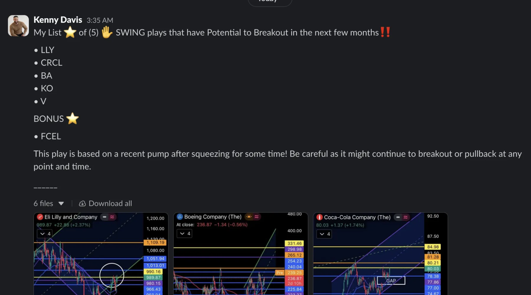 Slack #trades channel — Kenny's real entries and exits