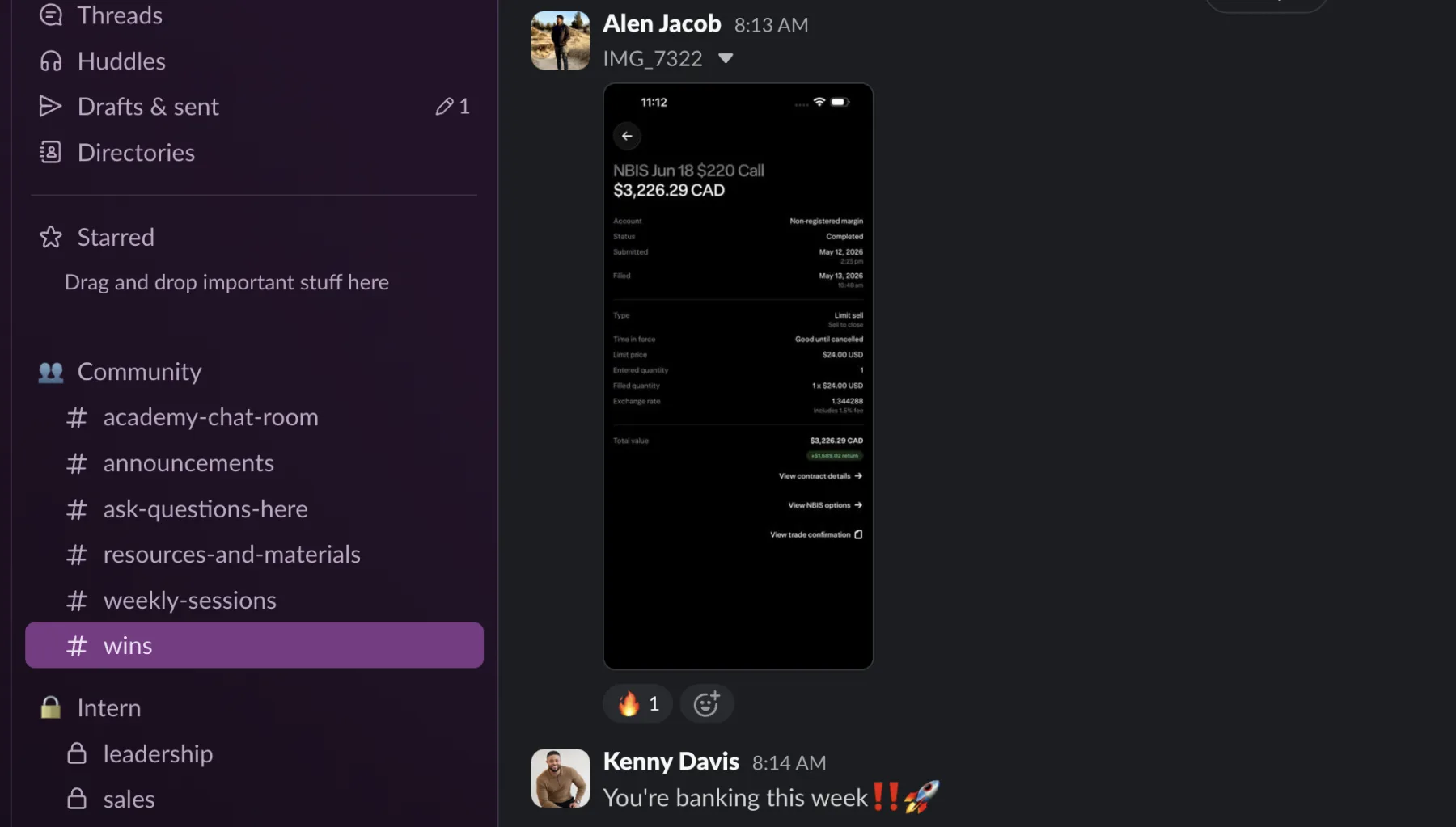 Slack #wins channel — the room posting their results